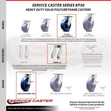 Service Caster 6 Inch Kingpinless Solid Poly Wheel Caster Swivel Locks 2 Brakes SCC, 2PK SCC-KP30S620-SPUR-BSL-2-SLB-2